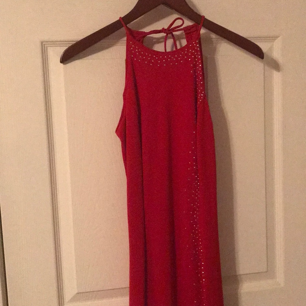 Red beaded formal gown with slit